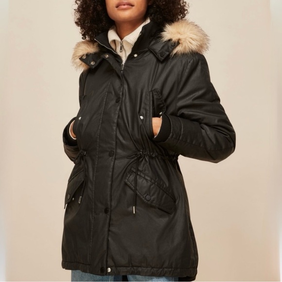 Whistles Willmer Black Waxy Parka Coat Size L Removable Faux Fur Lining Pockets - Picture 1 of 16